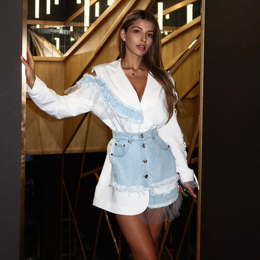 Women's fashionable two-piece set with asymmetrical design and fringed details NOVAE