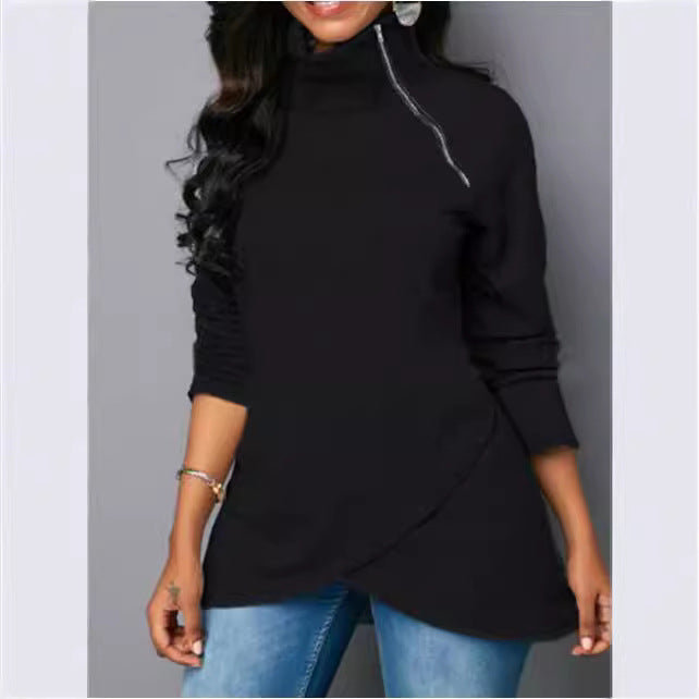 Women's round neck shirt with high collar and zipper NOVAE