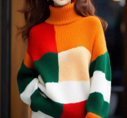 Women's chunky knit sweater with high collar and colorful color block design NOVAE
