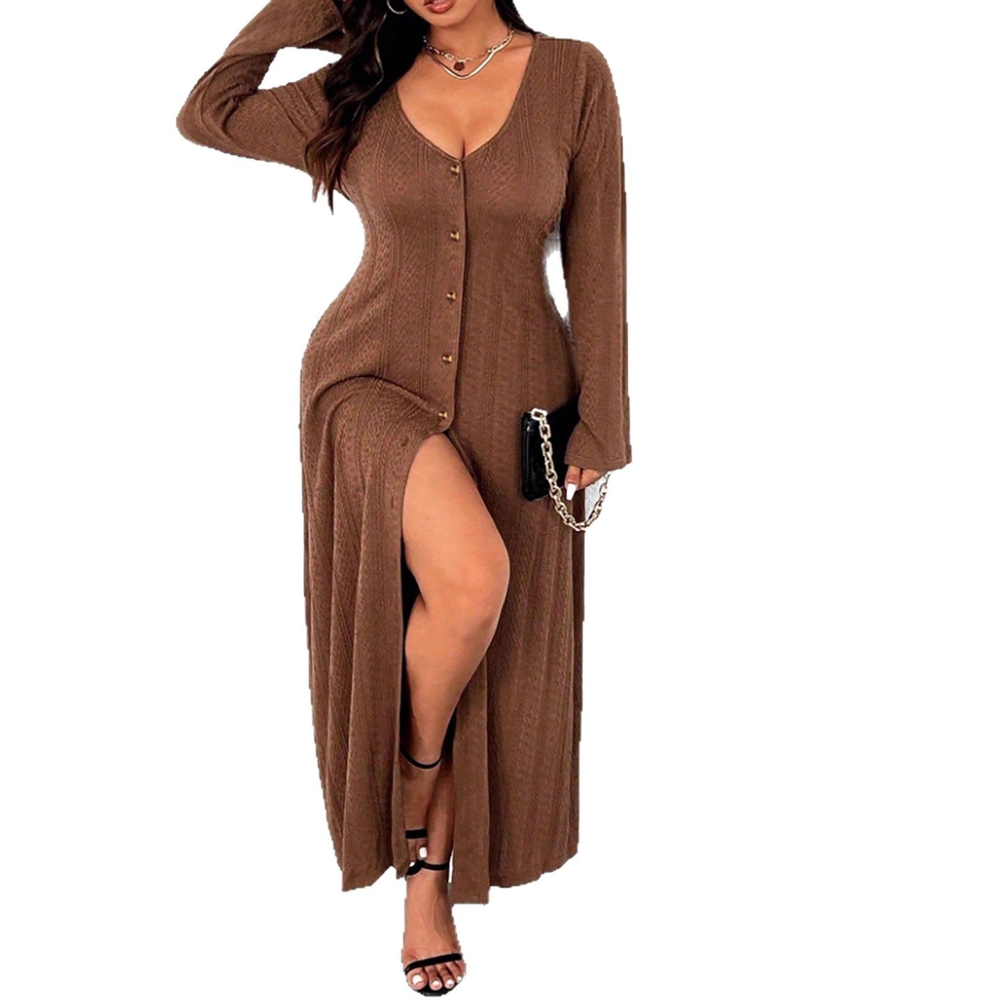 Women's maxi dress with button placket and elegant slit NOVAE