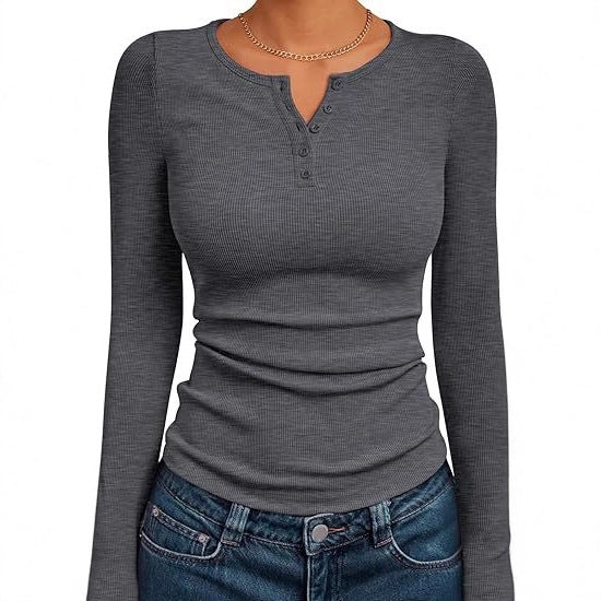 Women's fitted long-sleeved shirt with button placket and ribbed texture NOVAE