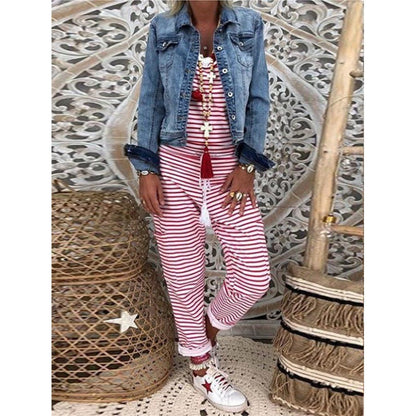 Women's Casual Jumpsuit with Off-Shoulder Ruching and Fashionable Stripe Pattern NOVAE