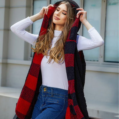 Women's Cozy Vest with Check Pattern and Large Pockets NOVAE