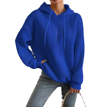 Women's High-Quality Knitted Sweater with Hood and Decorative Cable Pattern NOVAE
