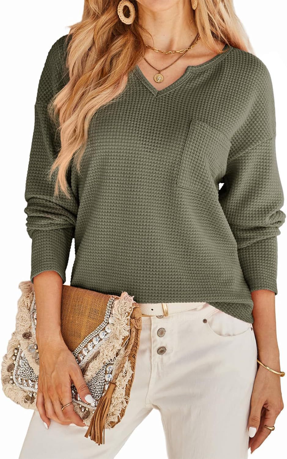 Women's waffle-textured pullover with deep V-neck and practical pockets NOVAE