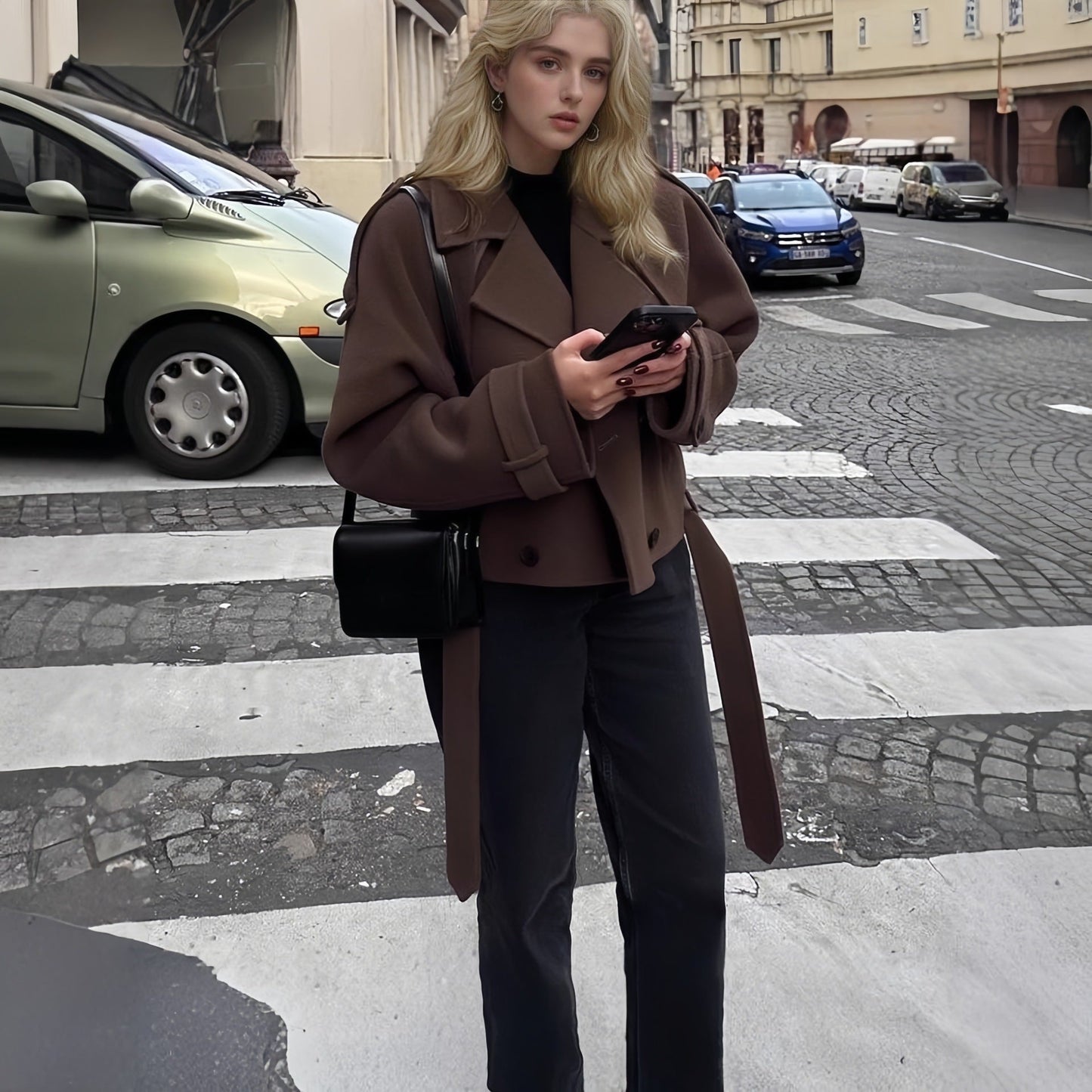 Women's fashionable cropped coat with wide lapels and oversized cut NOVAE