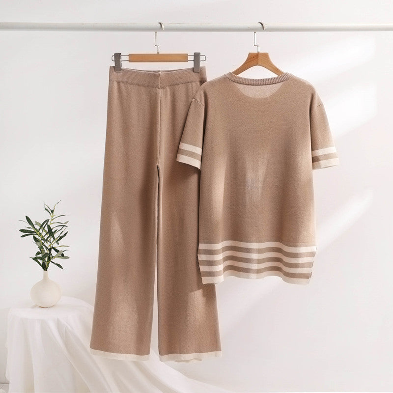 Women's stylish knit loungewear set with wide stripes and side slits NOVAE