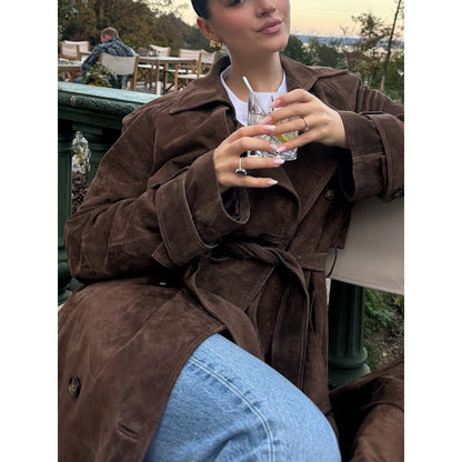Women's elegant long trench coat made of high-quality suede NOVAE