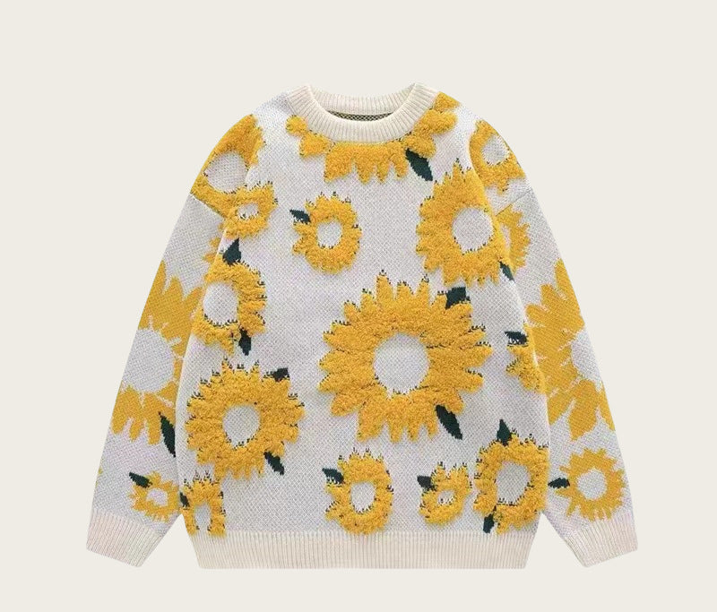 Women's chunky knit sweater with floral appliqués NOVAE