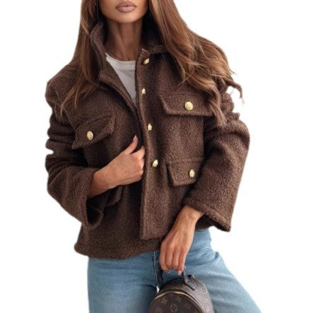 Women's Fluffy Fleece Jacket with Decorative Pockets and Gold Buttons NOVAE