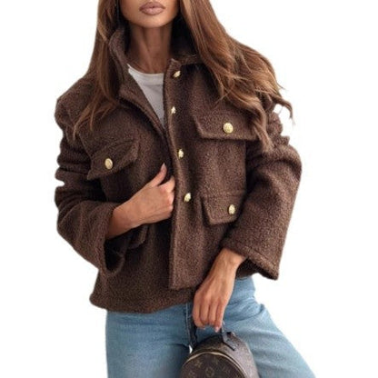 Women's Fluffy Fleece Jacket with Decorative Pockets and Gold Buttons NOVAE