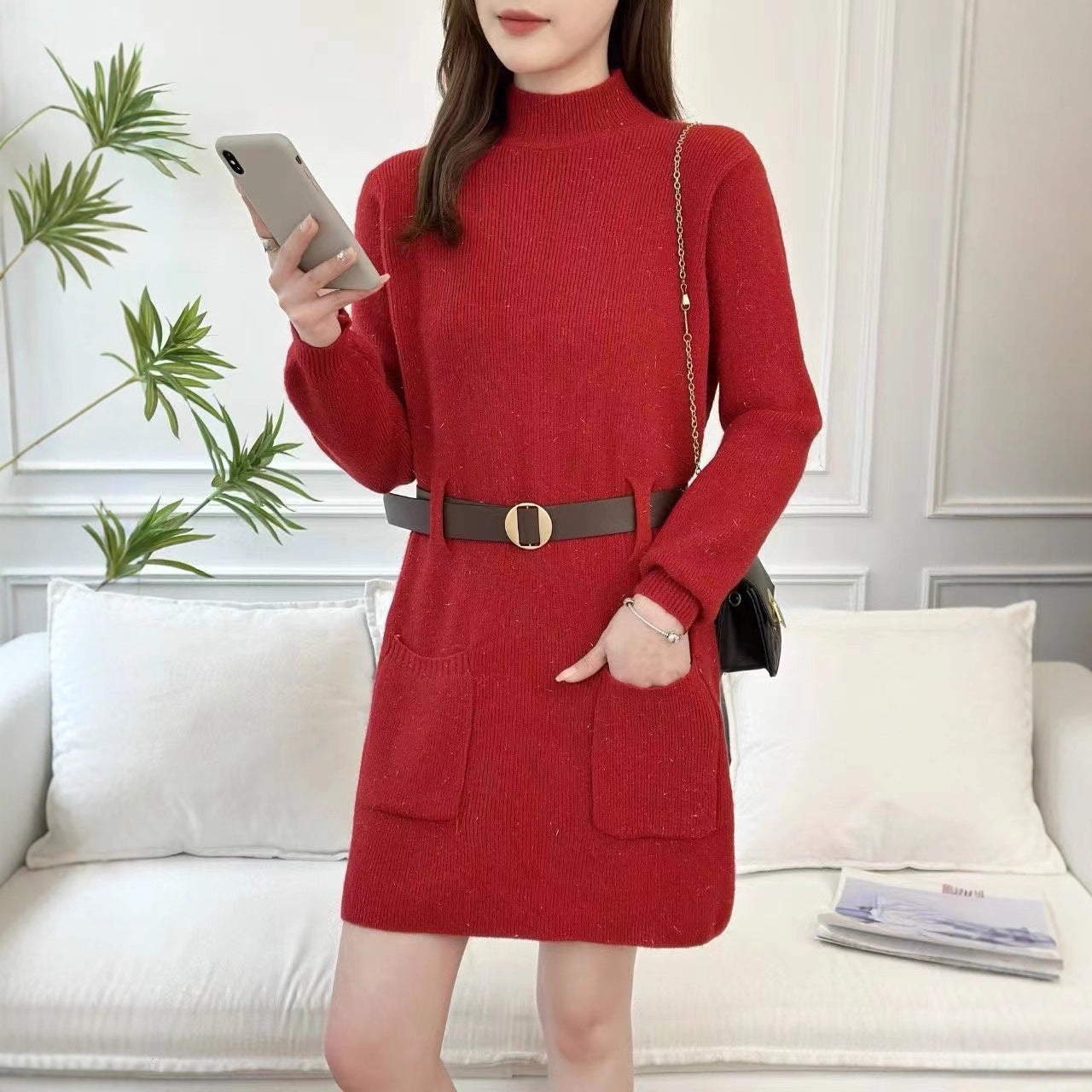 Women's knitted dress with high collar and practical pockets NOVAE