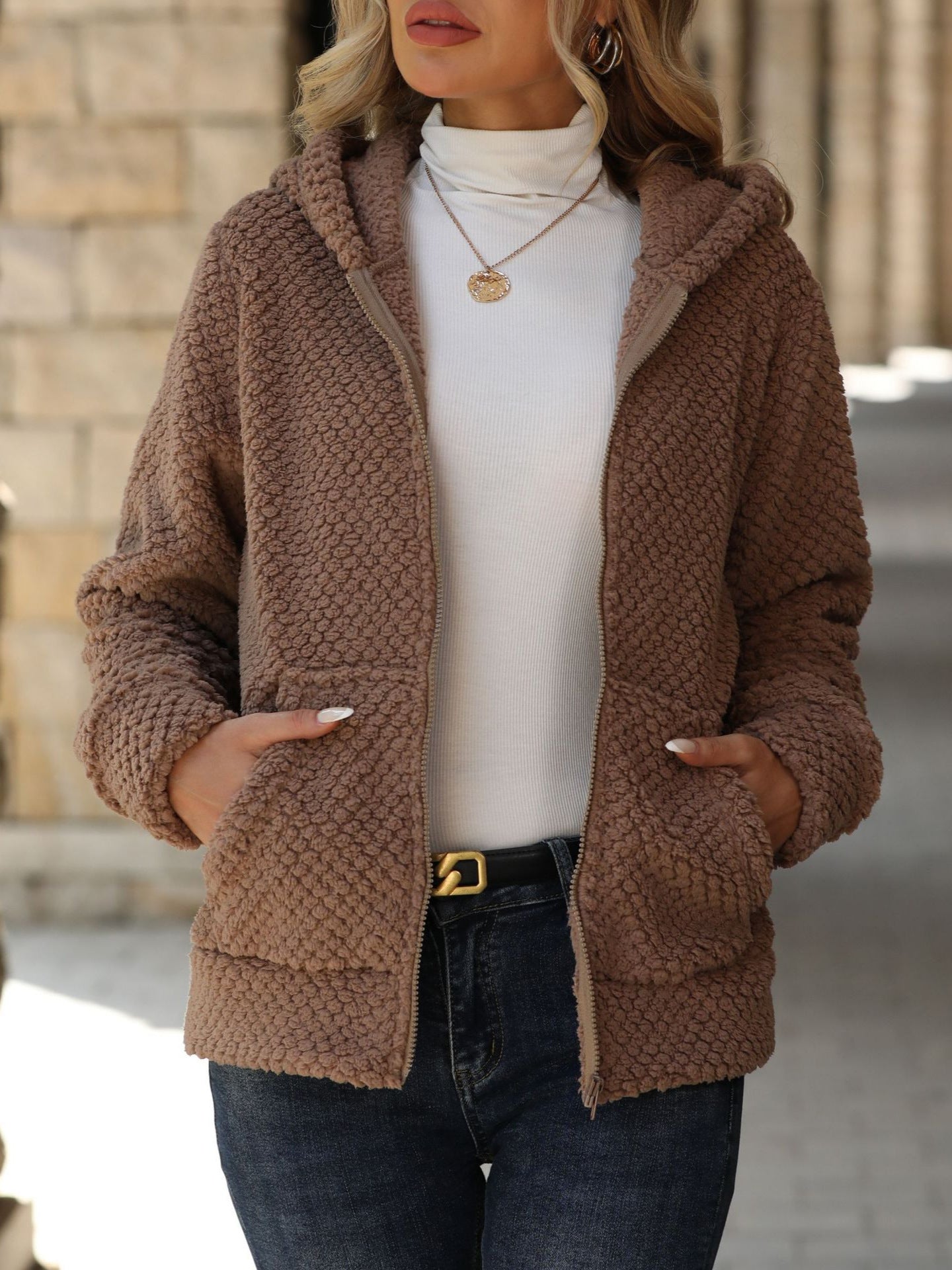 Women's Plush Fleece Jacket with Hoodie and Pockets NOVAE