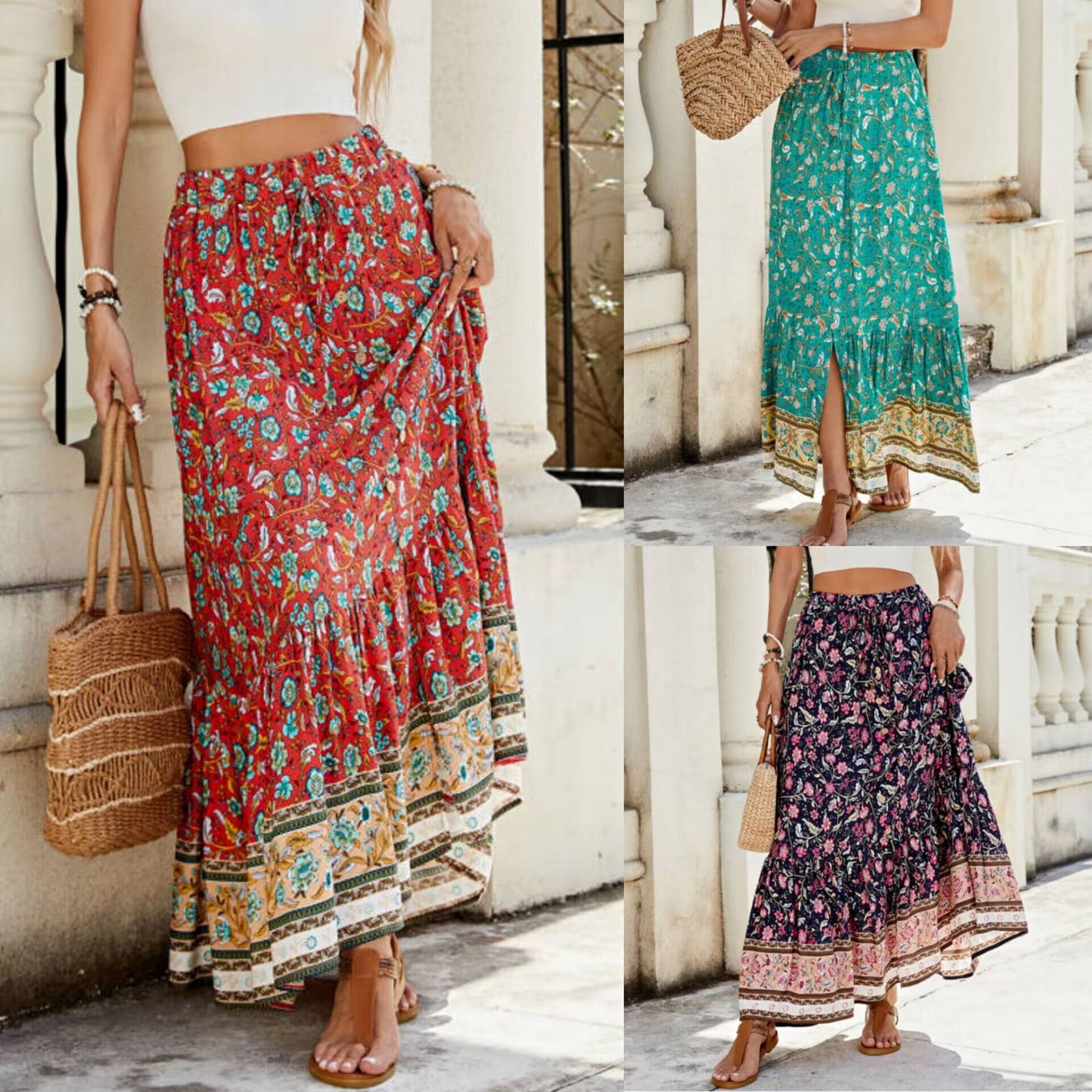 Women's maxi skirt with floral print and adjustable waistband NOVAE