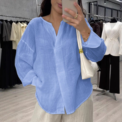 Women's loose linen top with V-neck and relaxed cut NOVAE
