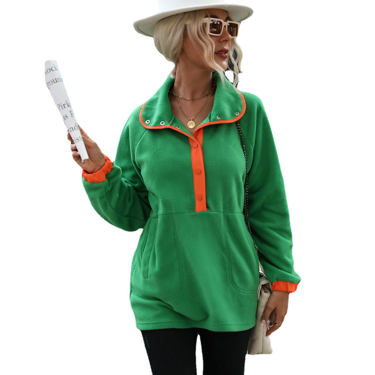 Women's fleece pullover with high collar and button closure NOVAE