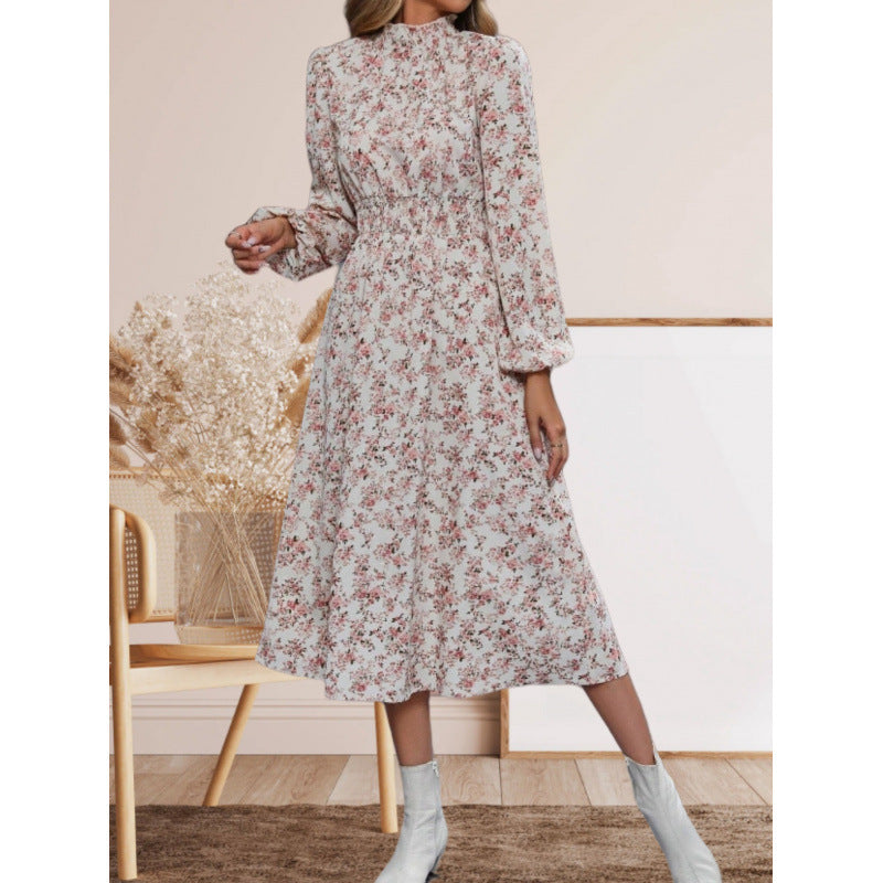 Women's maxi dress with high neckline and floral details NOVAE