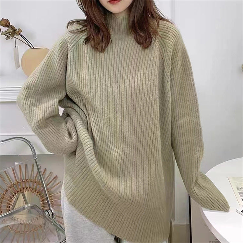Women's Oversized Knit Sweater with High Collar and Fine Ribbed Texture NOVAE