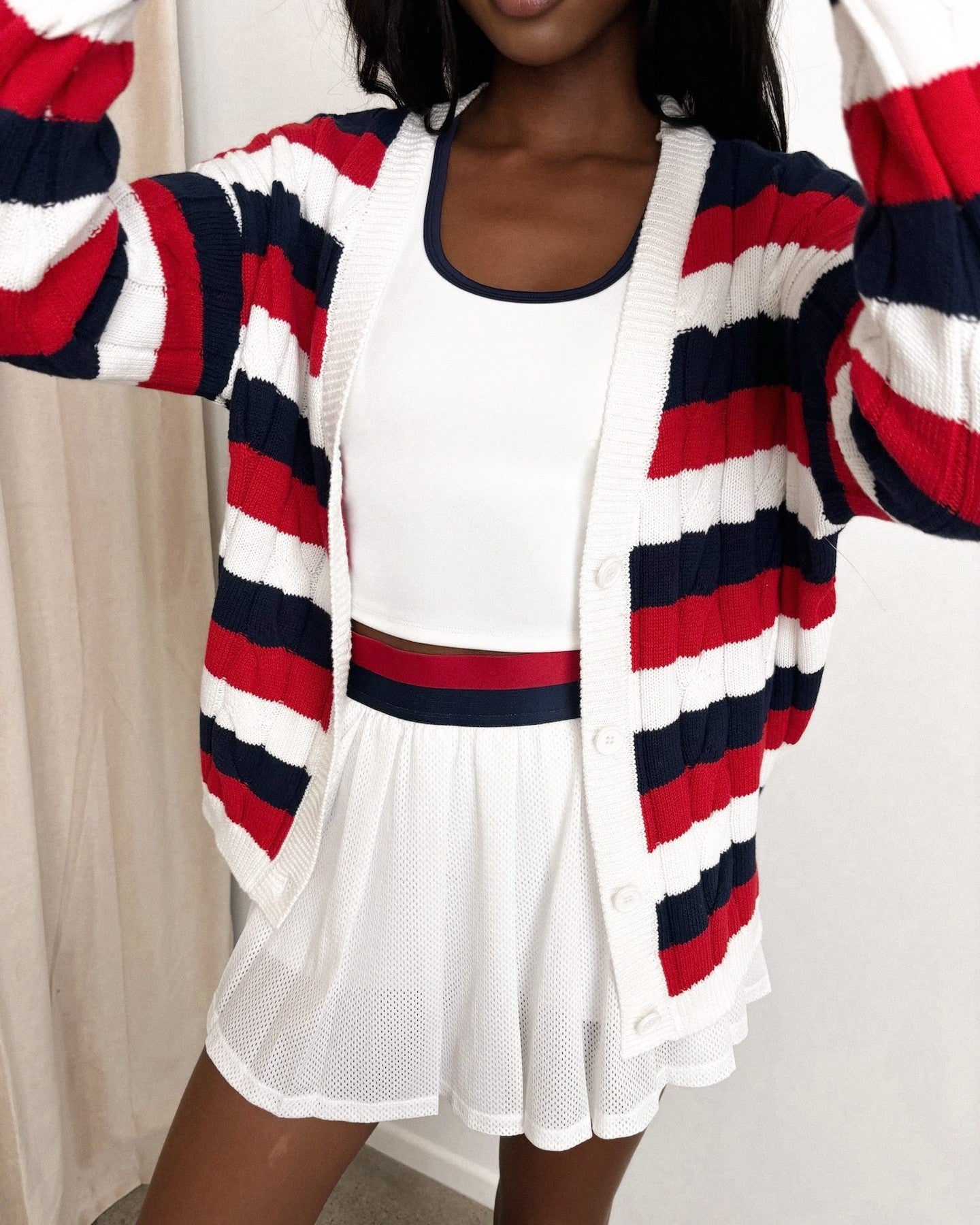 Women's casual cardigan with modern color stripes and comfortable cut NOVAE