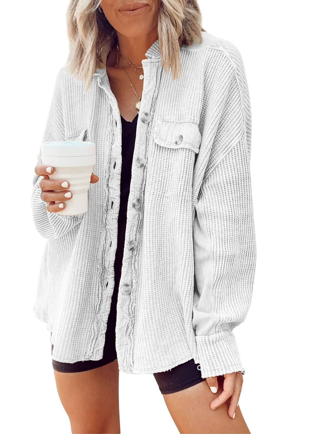 Women's Oversized Waffle Textured Shirt Jacket NOVAE