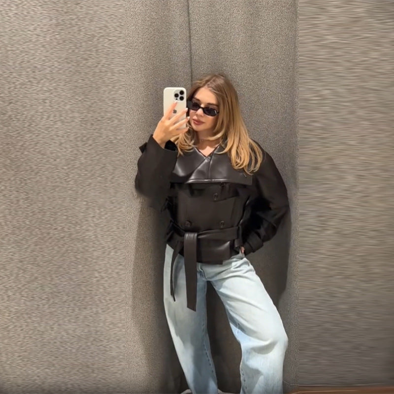 Women's Fashionable Cropped Leather Jacket with Double Button Placket and Wide Collar NOVAE