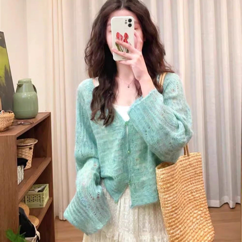 Women's airy knit cardigan with fine openwork pattern and wide cut NOVAE