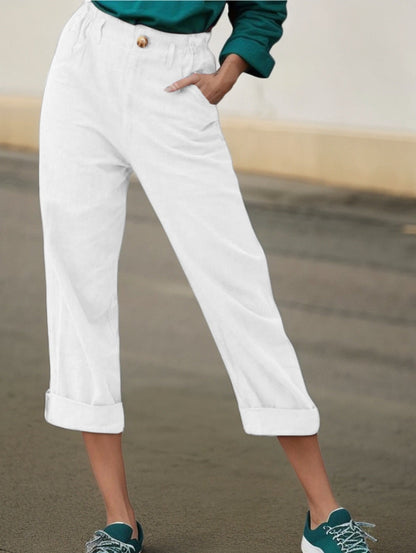 Women's Elegant Linen Trousers with Wide Leg and Turn-Up Hem NOVAE