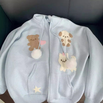 Women's hooded jacket with playful animal motifs and pompoms NOVAE