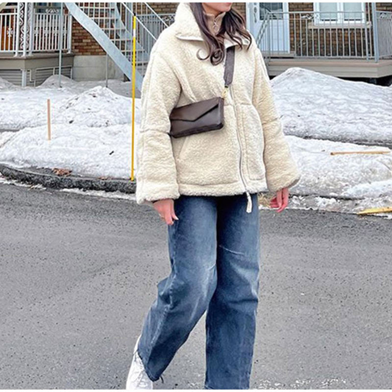 Women's fashionable fleece jacket with practical pockets and stand-up collar NOVAE