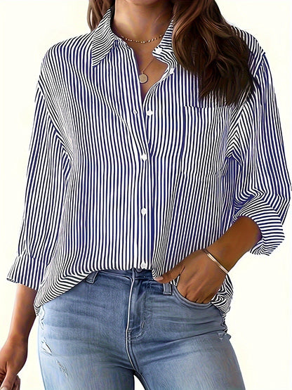 Women's long-sleeved blouse with fine stripes and chest pocket NOVAE