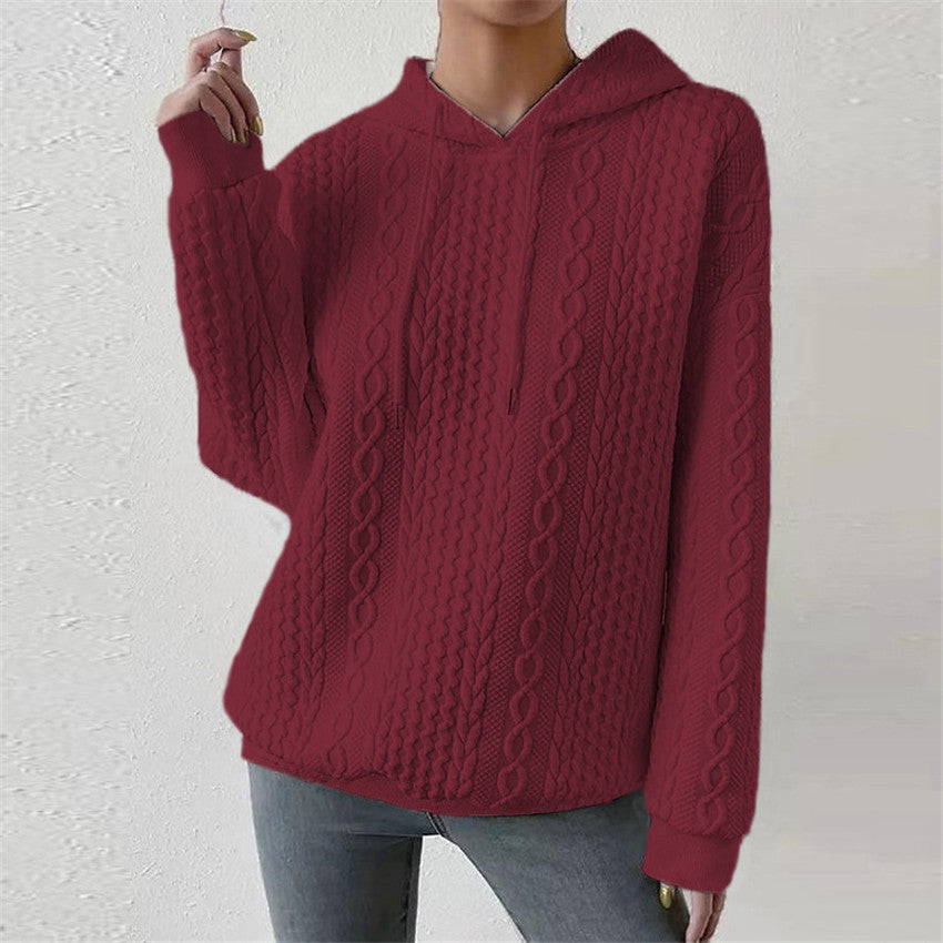 Women's High-Quality Knitted Sweater with Hood and Decorative Cable Pattern NOVAE