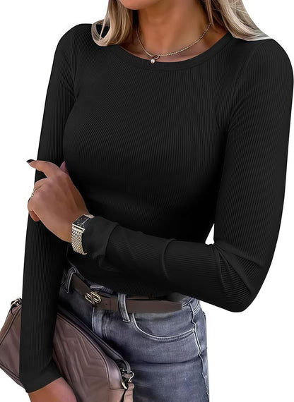 Women's long-sleeved shirt with structured rib design and subtle round neckline NOVAE