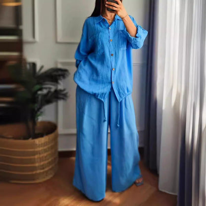 Women's linen set with wide-leg trousers and casual blouse NOVAE