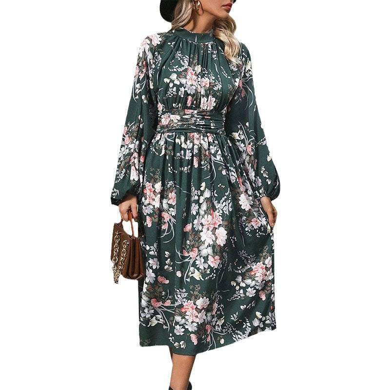 Women's maxi dress with elegant floral design and ruffle details NOVAE