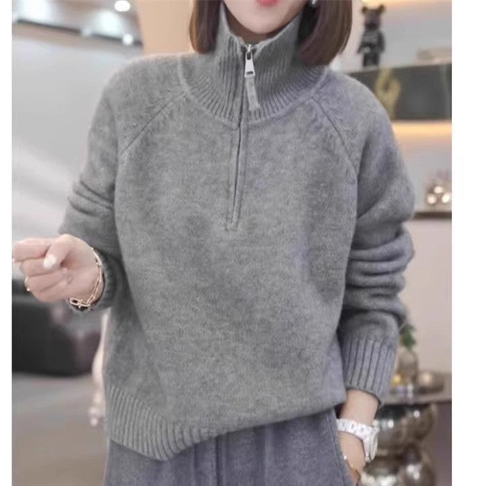 Women's knit sweater with high collar and practical zipper NOVAE