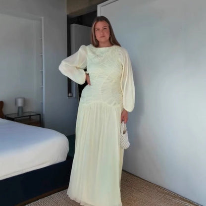 Women's maxi dress with sophisticated pleats and elegant long sleeves NOVAE