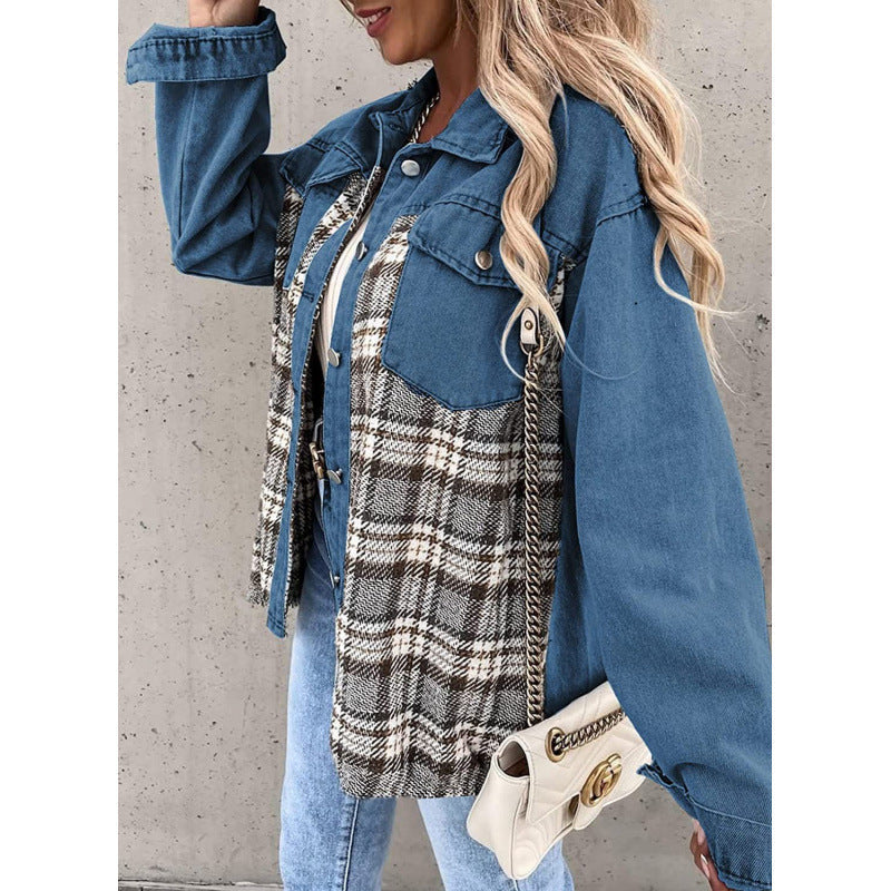 Women's checked denim jacket with a casual cut and modern details NOVAE