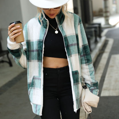 Women's fleece jacket with modern check pattern and high collar NOVAE