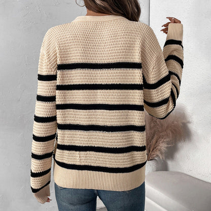 Women's striped sweater with button placket in textured wool NOVAE