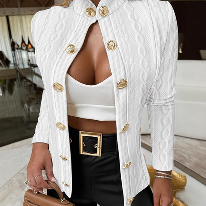 Women's Elegant Knit Blazer with Gold Buttons and Stand-Up Collar NOVAE