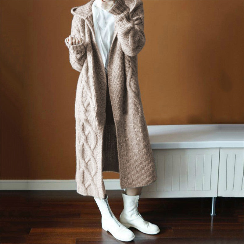 Women's Long Knitted Coat with Hood and Cable Pattern NOVAE