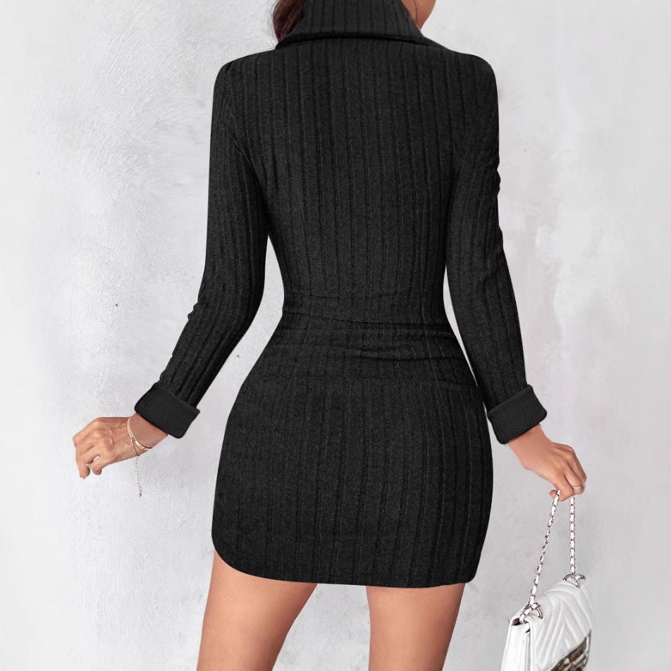 Women's knitted dress with V-neck and button details NOVAE
