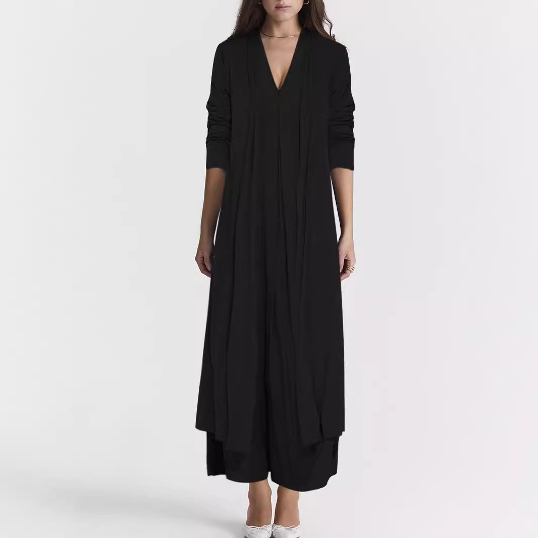 Women's elegant long jacket with deep V-neck and flowing cut NOVAE