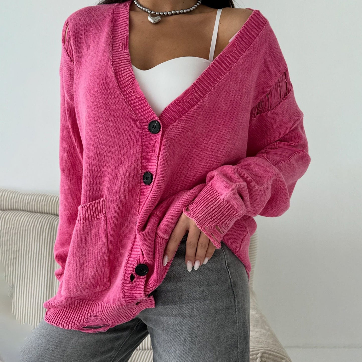 Women's casual cardigan with fashionable V-neck and creative cut-out details NOVAE