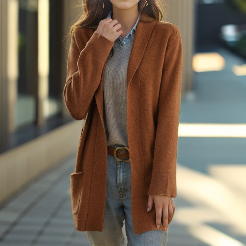 Women's Cozy Knit Coat with Open Cut and Practical Pockets NOVAE