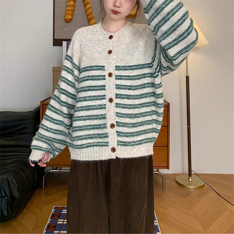 Women's chunky knit cardigan with modern stripes and button details NOVAE