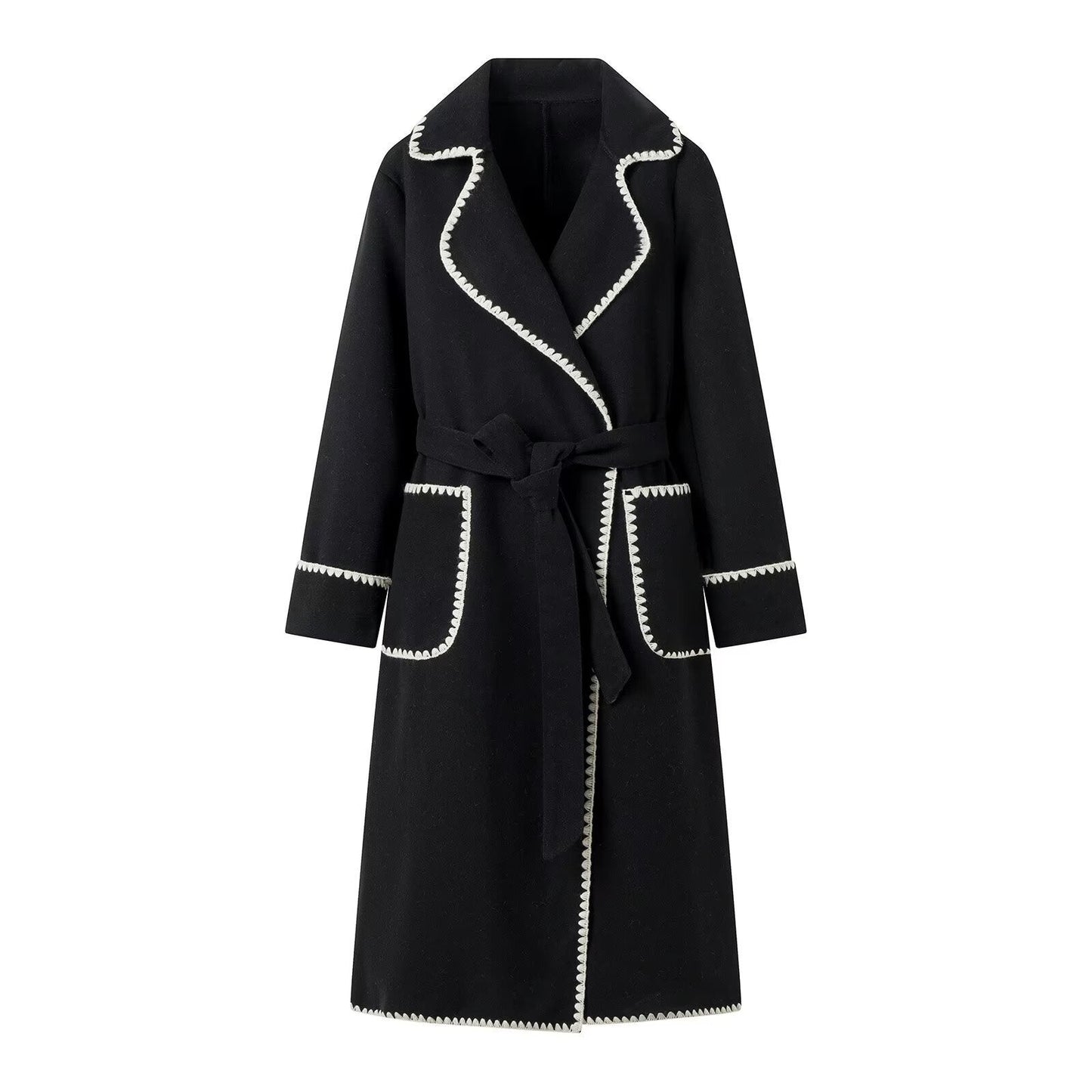 Women's elegant long coat with adjustable belt and contrasting seams NOVAE