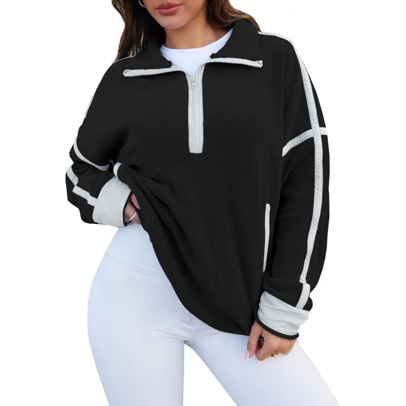 Women's fleece pullover with half zipper and contrasting sleeves NOVAE