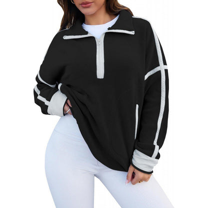 Women's fleece pullover with half zipper and contrasting sleeves NOVAE