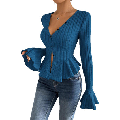 Women's knitted top with sophisticated box pleat design and button placket NOVAE